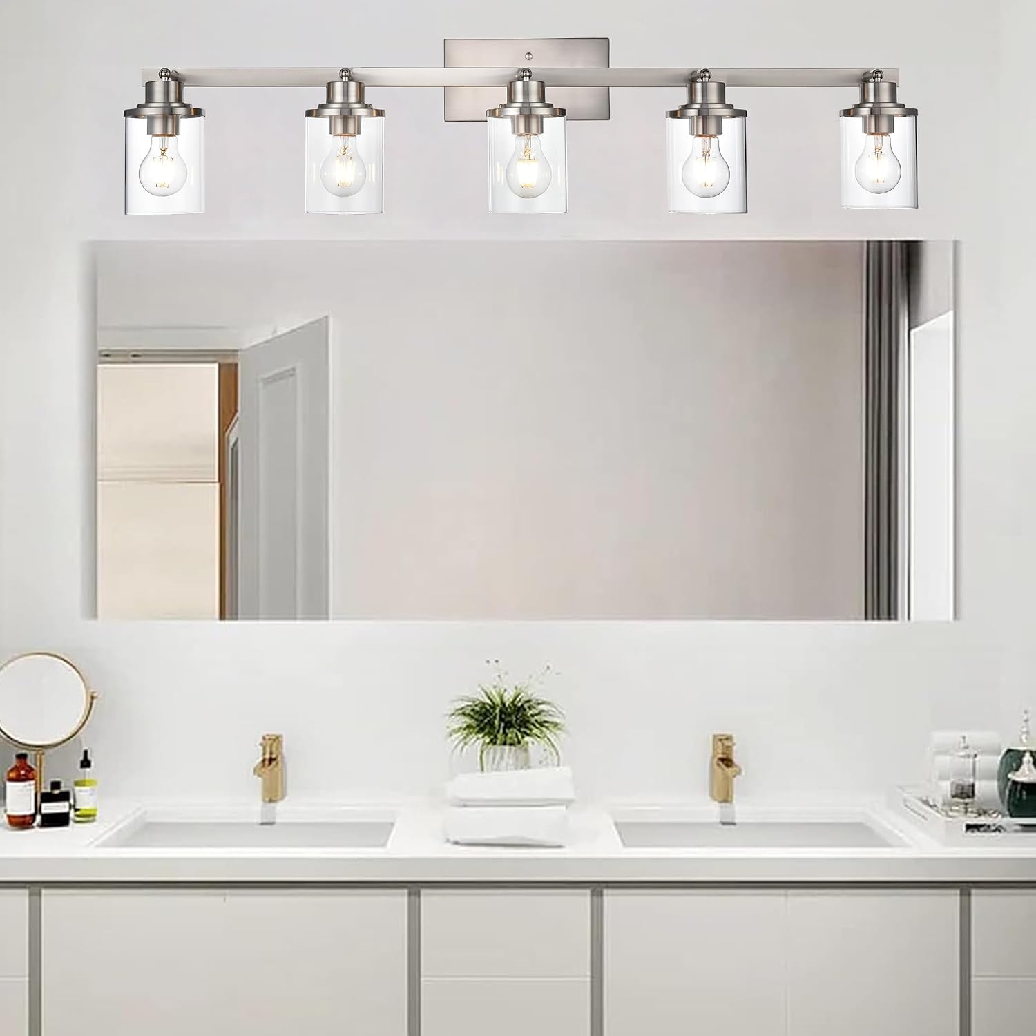 5-Light Wall/Ceiling Track Lighting Kit in Brushed Nickel Semi Flush Mount Ceiling Light with 5 Rotatable Light Heads Modern Vanity Lights for Bathroom, Clear Glass Shade