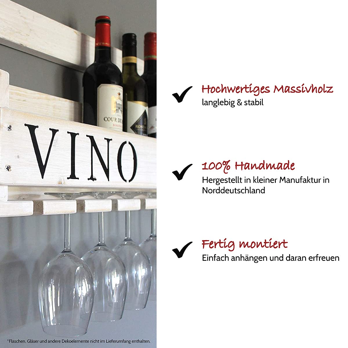 Dekorie Botellero de Madera para la Pared - Con Soporte para Copas y Texto Vino - Blanco - Montado - Estantería para Botellas y Copas — view 6