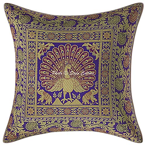 Image of Decorative Brocade Cushion Covers 16x16 Inch Banarasi Jacquard Weave Purple & Gold Living Room Decor Peacock Festive Decor Square 40x40 cm Zippered Sofa Settee Pillowcases -Set of 2 Pcs