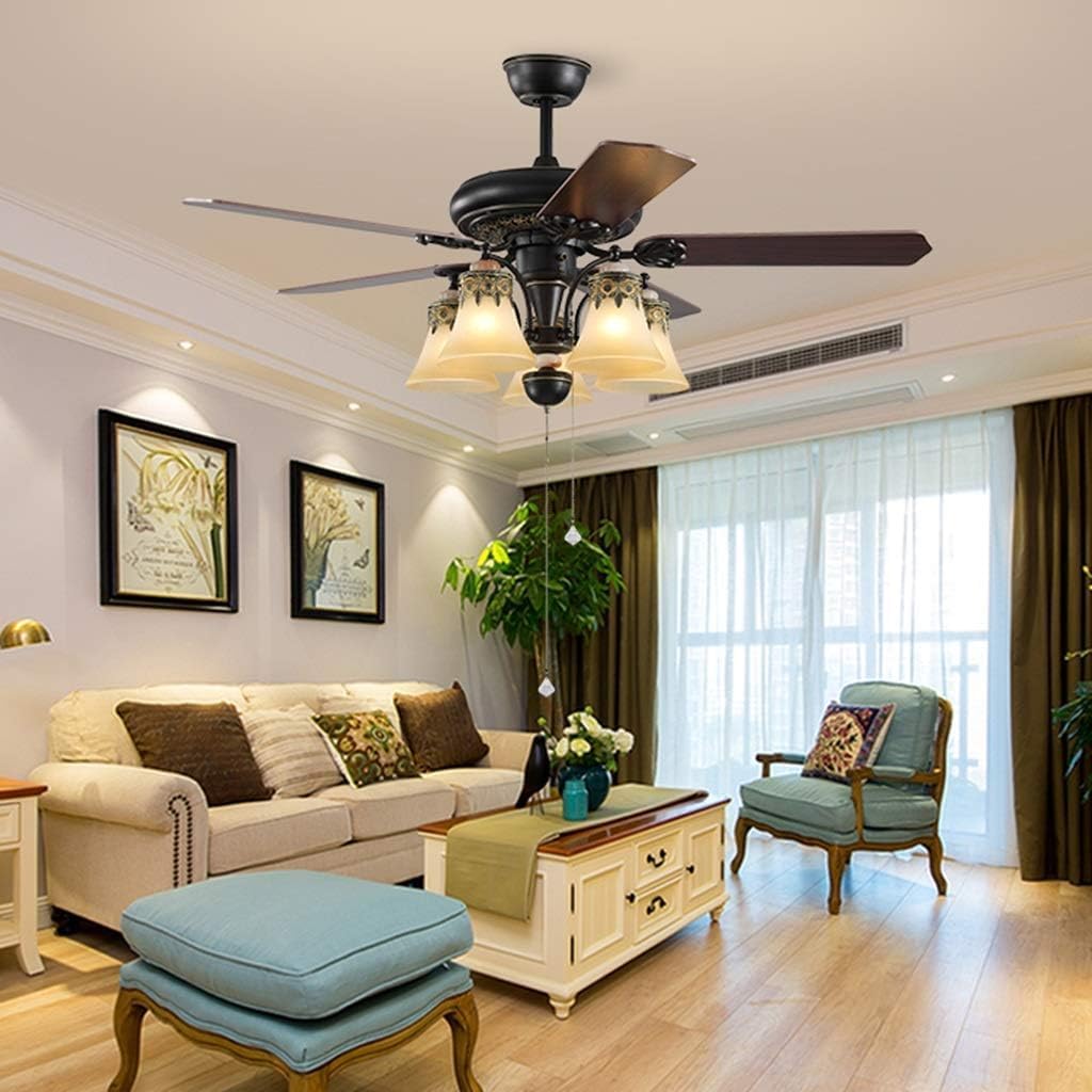 Fan Light European Ceiling Fan Light Living Room LED Wrought Iron Retro Ceiling Chandelier with Fan Bedroom Chandelier Fan Light Ceiling Fans with Lights(52inch)