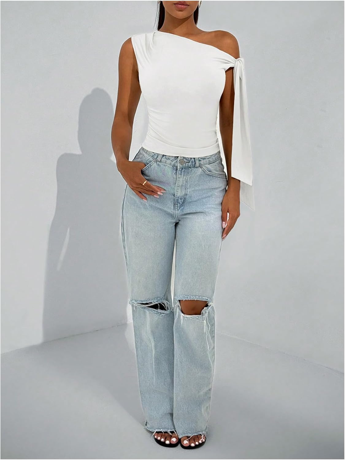 WDIRARA Women's One Shoulder Tank Top Knot Side Sleeveless Asymmetrical Tops White Small - Image 5