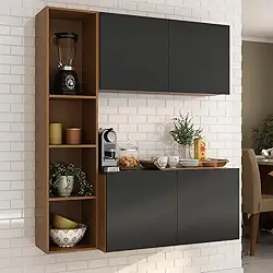 Armário De Cozinha Compacta Com Balcão Linea Fit 4 Portas Multimóveis Mp2218 Carvalho Avelã/preto