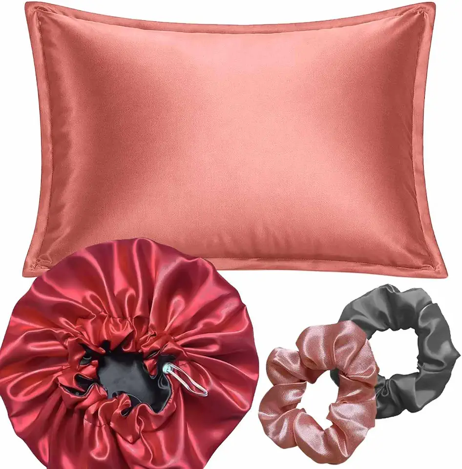 Kit 1 Fronha de Cetim Macia, 50x70 cm Antifrizz 2 Xuxinhas e 1 Touca para Cabelos Cacheados, Lisos, Crespos Ondulados Trança com Abas Hidratação Noturna Travesseiro Glow Premium Luxo (Rosa Blush)