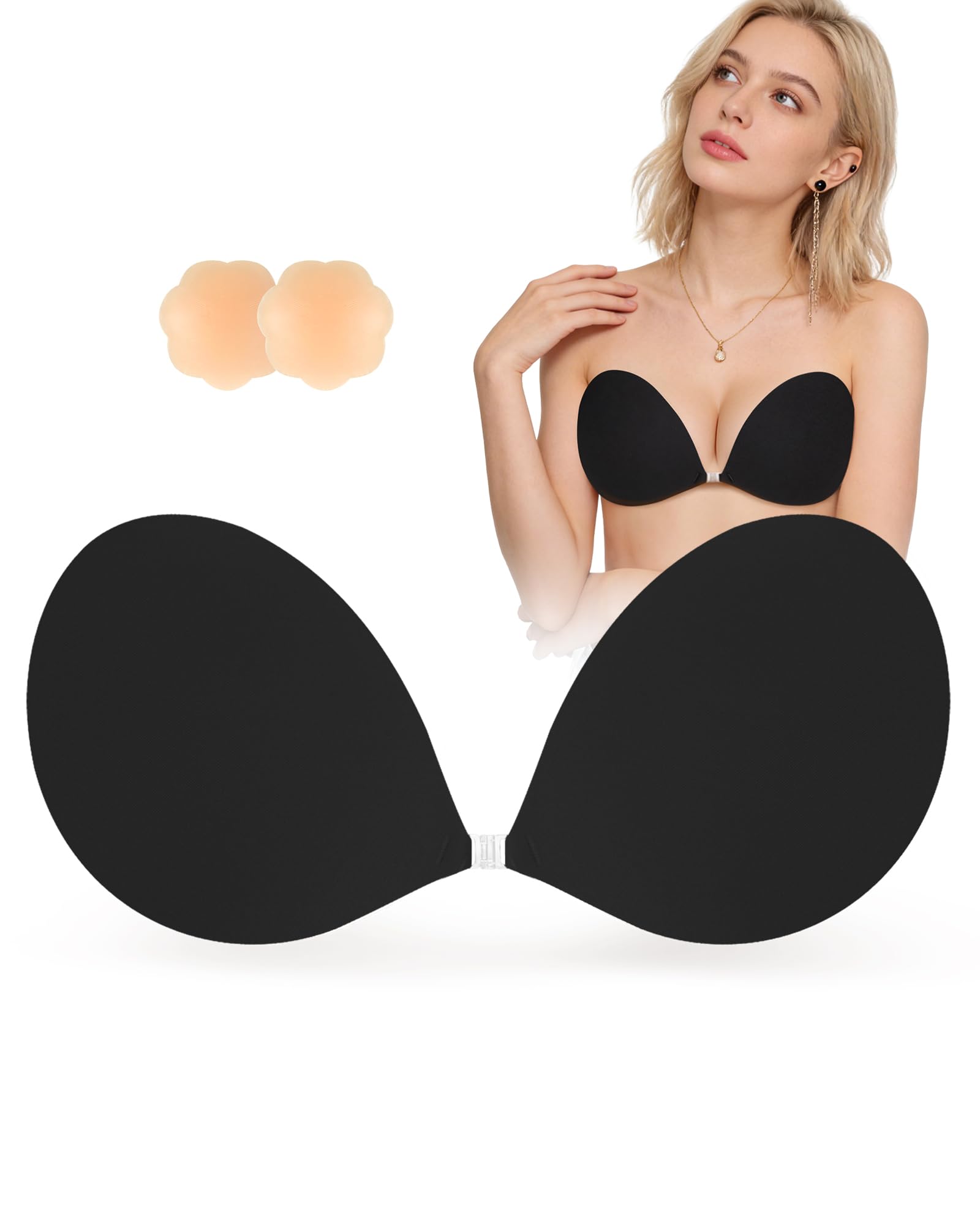 SHINYMOD Strapless Bra, Invisible Backless Bra Breast Lift Up Push Up Padded Sticky Bras Bigger Bust Self Adhensive Nipple Cover Reusable Bra for Wedding Dress Swimsuit Women, Black, B