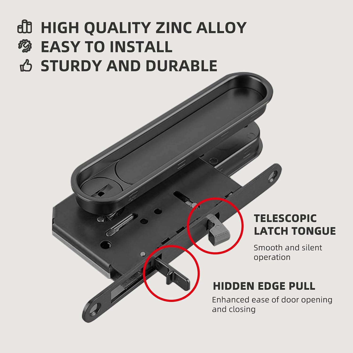 Pocket Door Lock and Pull, Recessed Sliding Door Handle, 6 Inch Invisible Door Lock, Hidden Edge Pull, No Key, for Bedroom, Kitchen (Black)