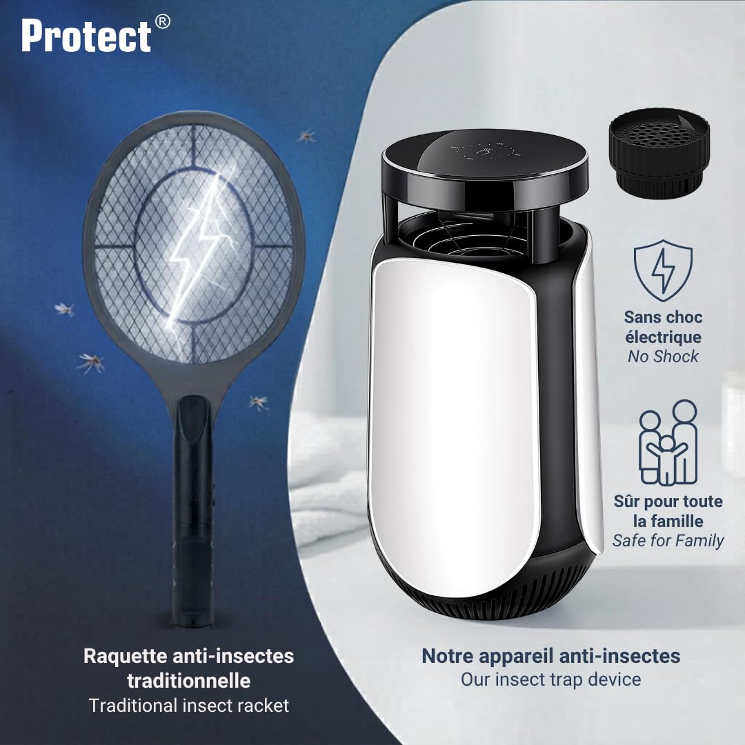 Protect® - Trappola antizanzare a aspirazione con lampada UV LED 365 nm, sterminatore di insetti silenziosi, copertura 30 m², timer 4/6/12h, USB-C (2 esche incluse)