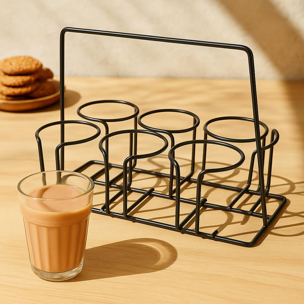 Pure Source India Cutting Chai Style 6 Glass Container Iron Stand Holder (Without Tea Glass) (L- 21CM) (Black)