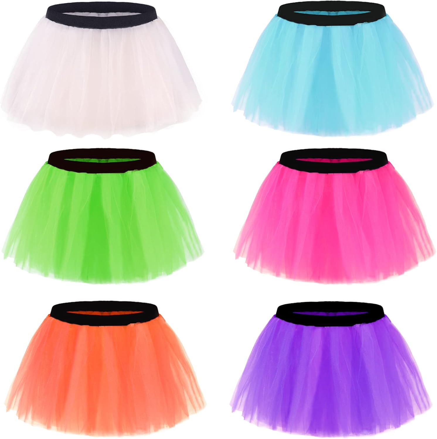 Ibeauti 6 Pack Runner Tutu Skirts Women Tulle Skirt 3 Layered Elastic Puffy Tutus 80s Halloween Costume