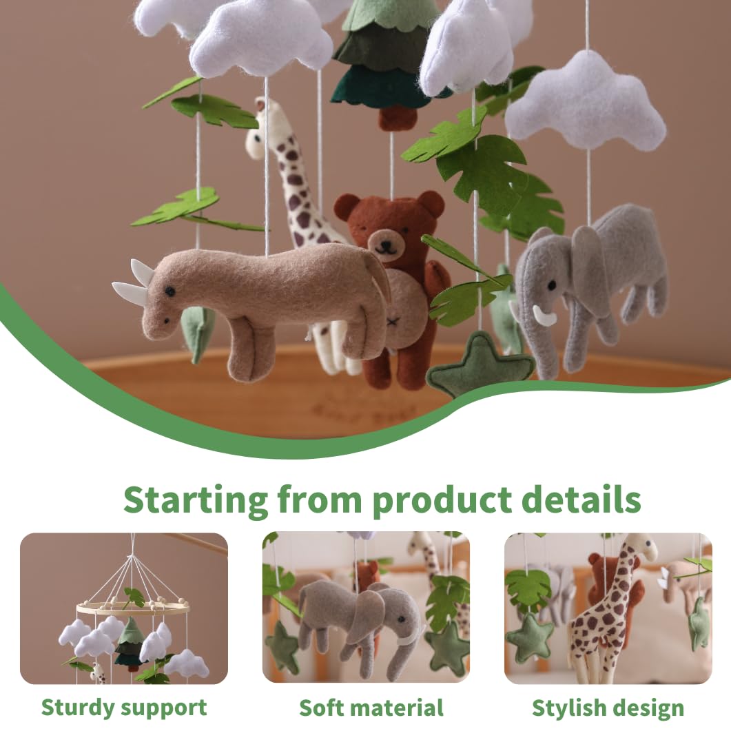 GOODMOM Forest Nursery Mobile – Handmade Crib Mobile with Bear, Giraffe and Elephant Perfect for Boys & Girls Design Sturdy Structure Easy Assembly and a Delightful (Forest Animal Kingdom)