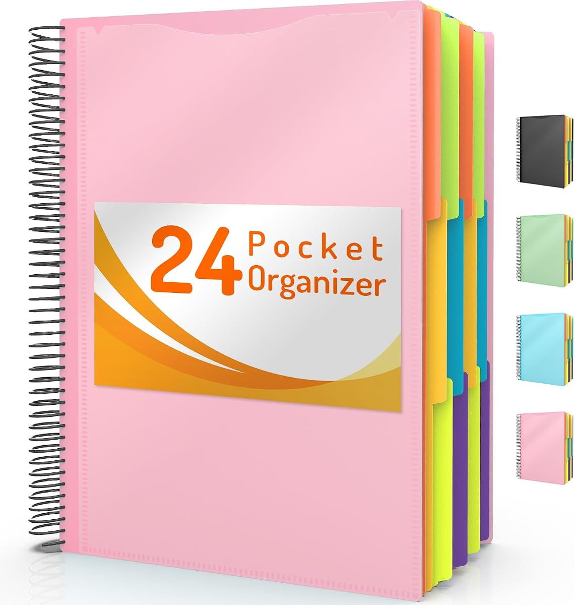 Forvencer 24 Pocket Project Organizer, 1/3-cut Tab Binder Organizer with Sticky Labels, Multi Pocket Folder with Zipper Pouch, Folder Binder Spiral Pocket Notebook, Office Supplies, Letter Size, Pink