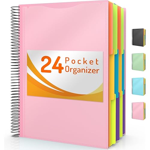 Forvencer 24 Pocket Project Organizer, 1/3-cut Tab Binder Organizer with Sticky Labels, Multi Pocket Folder with Zipper Pouch, Folder Binder Spiral Pocket Notebook, Office Supplies