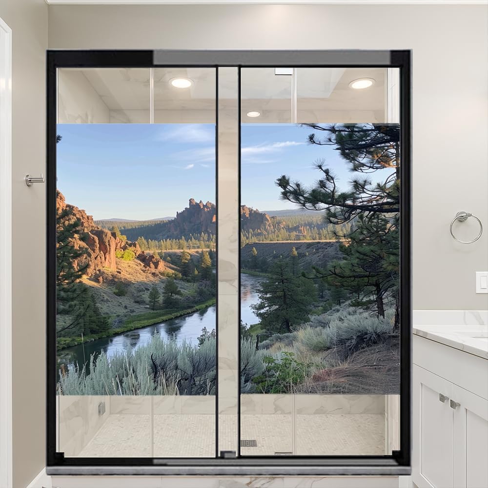 Rustic River Stained Glass Window Film, Natural Pine Tree Mountain Scene Decorative Frosted Glass Window Privacy Film, Heat Control Adhesive Window Sticker 27.6Wx47.2L inch x 2pcs