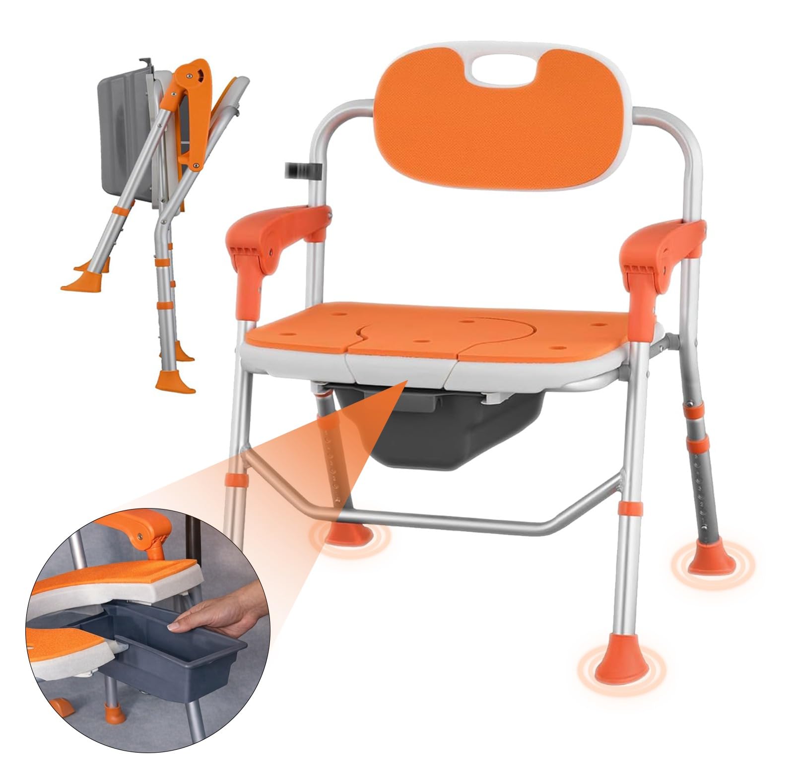 Duschstuhl faltbar, höhenverstellbar, robuster Toilettenstuhl bis 150 kg belastbar, rutschfeste WC Sitzhilfe mit Rückenlehne/Armlehnen - Deutsche Anleitung und QR-Code.