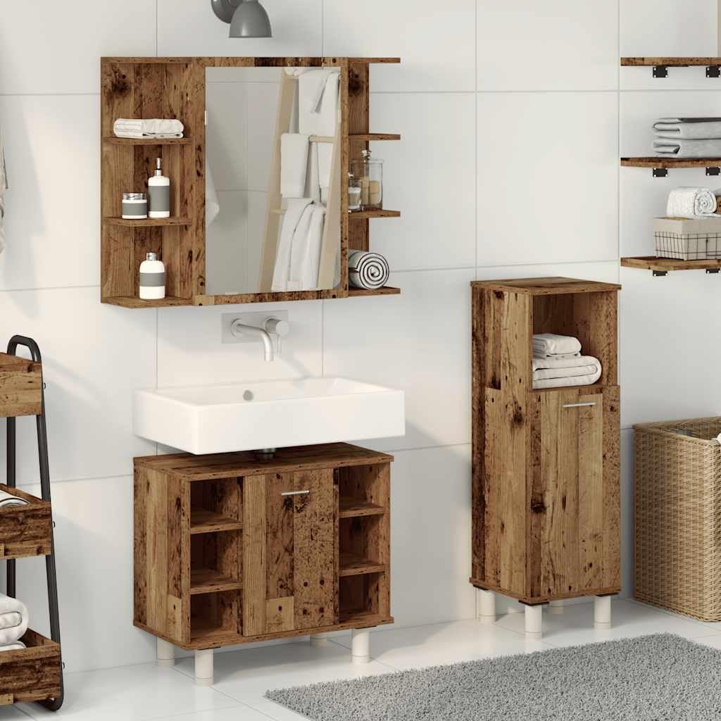 Set Mobili da Bagno 3 Pezzi in Legno Multistrato Effetto Antico | Arredo completo per stanza da bagno con specchiera e mobili contenitori salvaspazio per organizzare ogni accessorio.