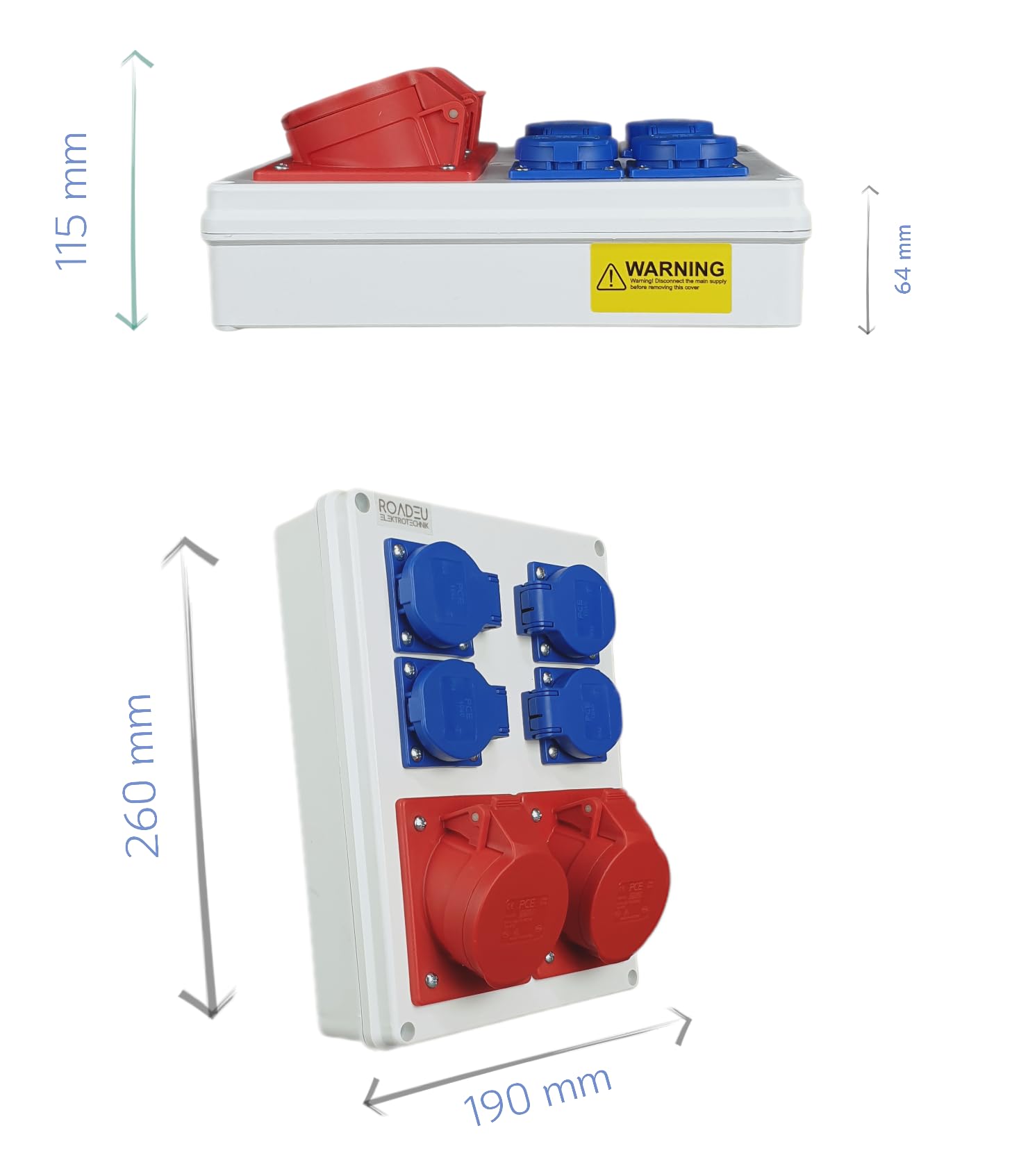 RoadEu - Distributore di corrente di costruzione – 2 x CEE 16A con 4x Schuko 230V – Quadro Elettrico IP44. Perfetto per il garage, il capanno, il giardino o la fabbrica.