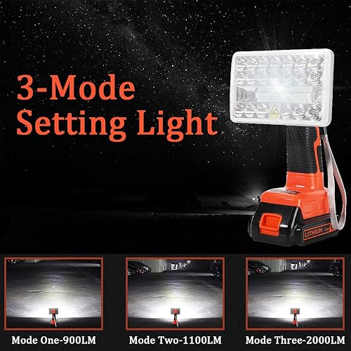 Miniatura 7 de Linterna de 18W 2000LM para BLACK+DECKER 20V Max batería de iones de litio, foco inalámbrico de 6000 K con puerto USB, cabeza giratoria de 110 de