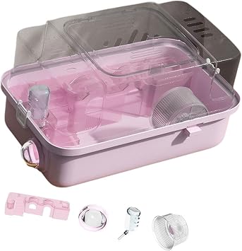 F Fityle Hamster Cage Double Tiers with Water Bottle Multipurpose House Hamster Habitat Small Animal Cage for Gerbils Hedgehog Bunny, pink