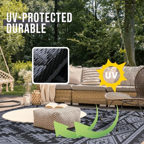 OLANLY Outdoor Rug Waterproof 5x8 ft, Reversible Outdoor Plastic Straw Rug, Boho Patio Rug, Indoor Outdoor Carpet, RV Mat Outside for Patio, Camp, Picnic, Balcony, Deck, Backyard, Black & Grey