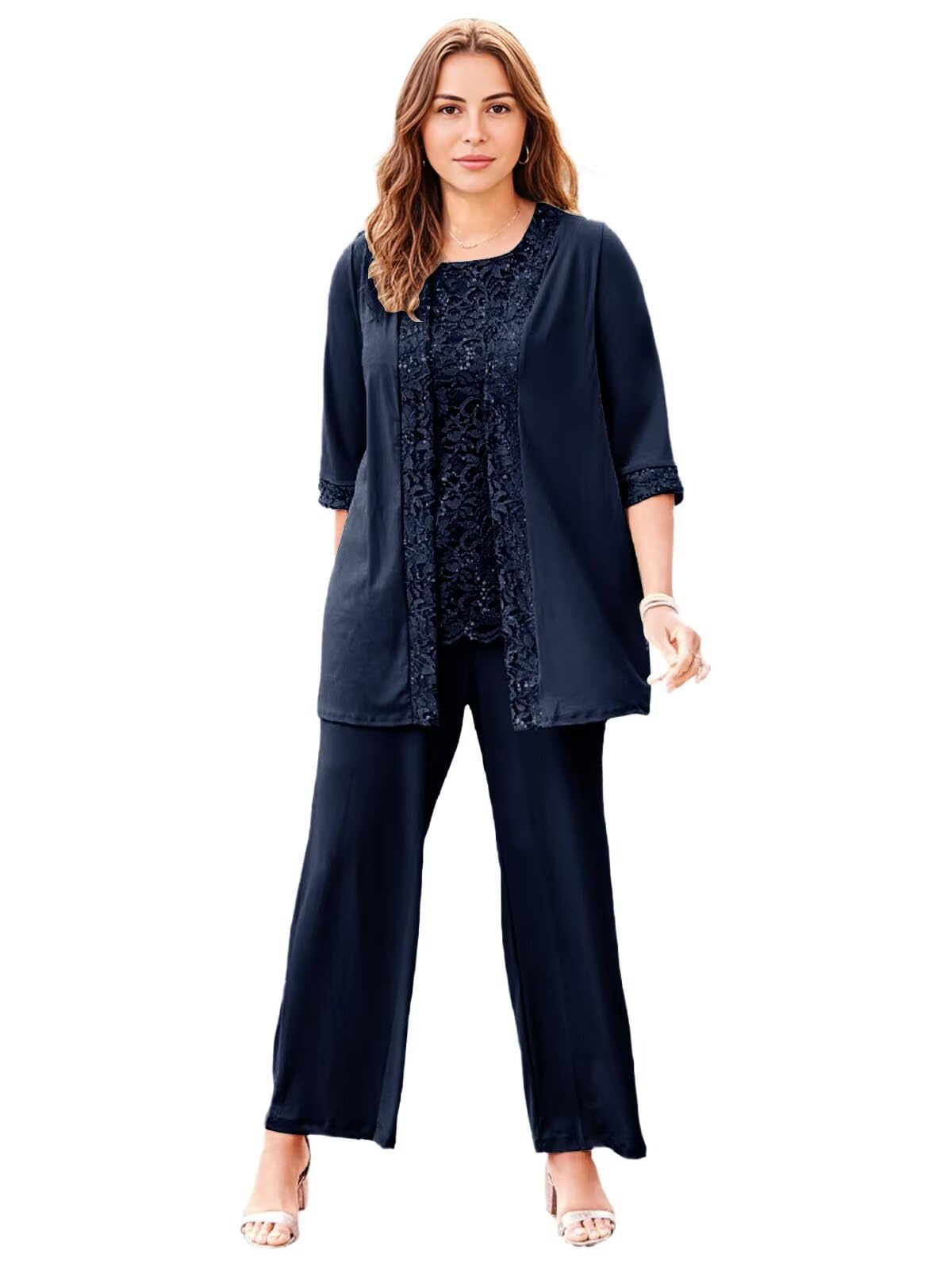 3 Pieces Mother of The Bride Dresses Pant Suits Lace Evening Formal Dress for Wedding Guest Groom Outfit