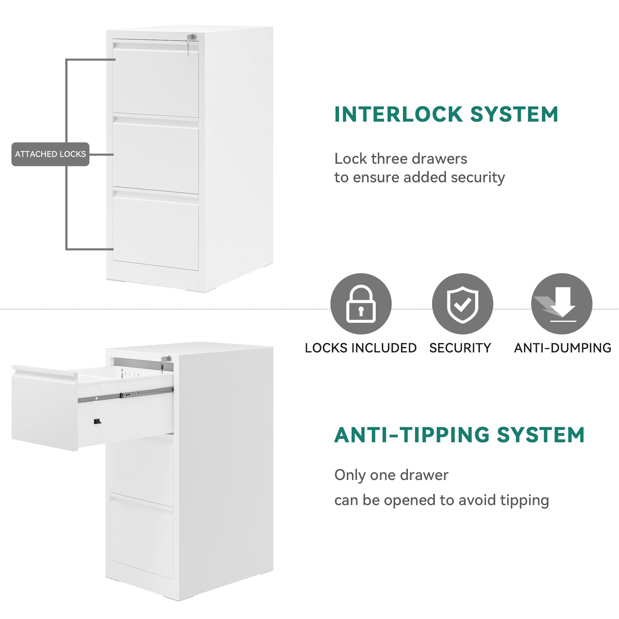 YITAHOME Aktenschrank mit 3 Abschließbaren Schubladen, Kippsicherer Rollender Aktenschrank mit Rädern für das Büro zu Hause, Unter-Pult-Aktenschränke, weiß, 62 x 45.8 x 102.5cm