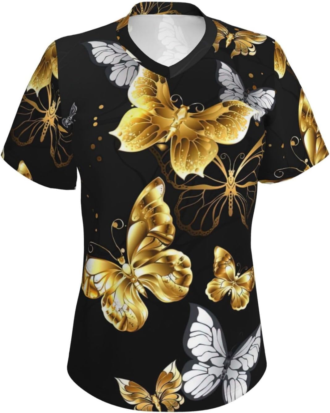 Womens Gold White Butterflies Black Print Short Sleeve V Neck T-Shirts Casual Breathable Tee Basic Summer Tops 2026