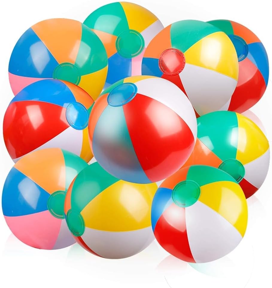 Coogam Inflatable Beach Ball Classic Rainbow Color Birthday Pool Party Favors Summer Water Toy Fun Play Game for Boys Girls 8 to 12 Inches from Inflated to Deflated (10 PCS)