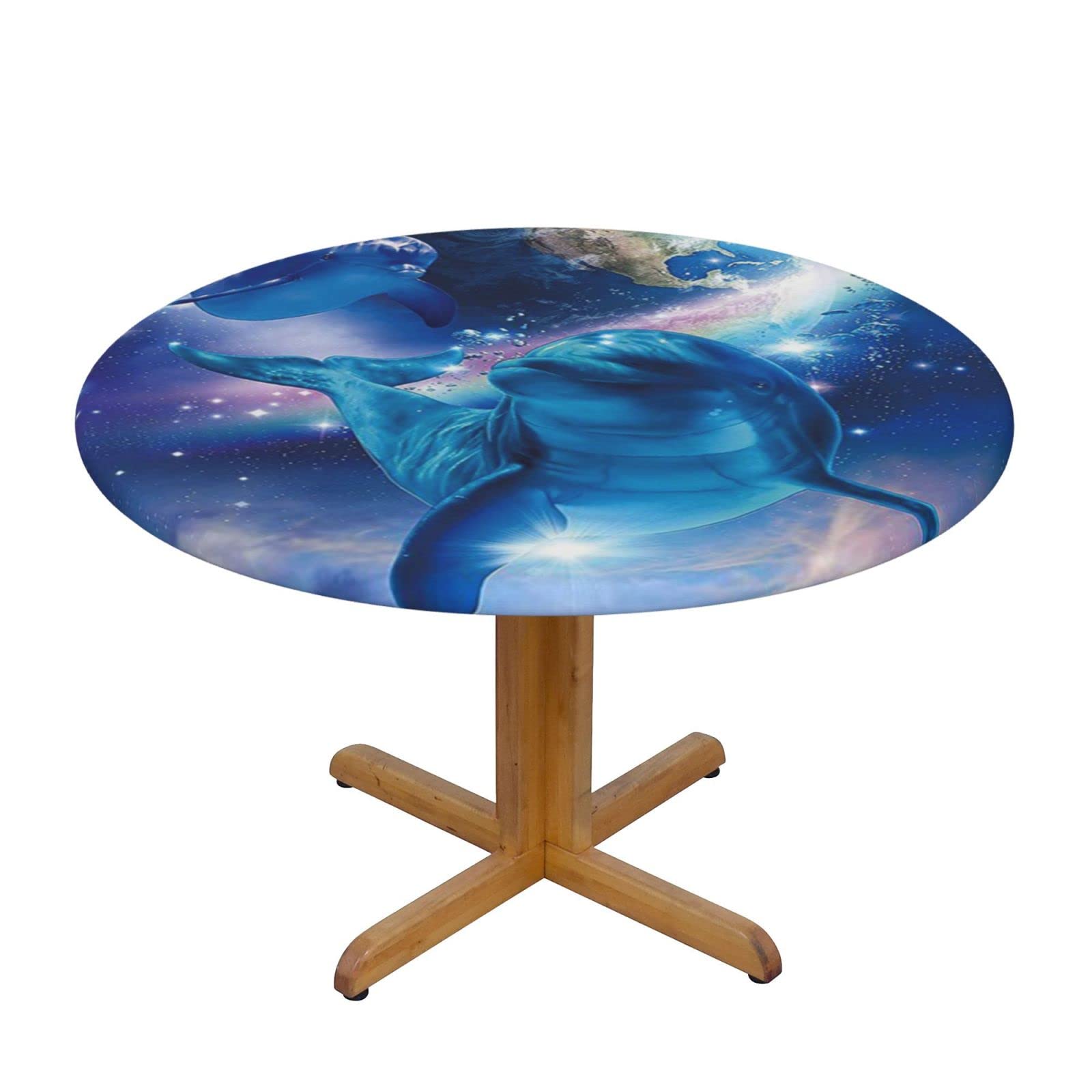 Lsjuee Round Fitted Tablecloth 45-50in Elastic Edged Table Cloth for Kitchen Dining Party Home Decor - Dolphin Abstract Galaxy