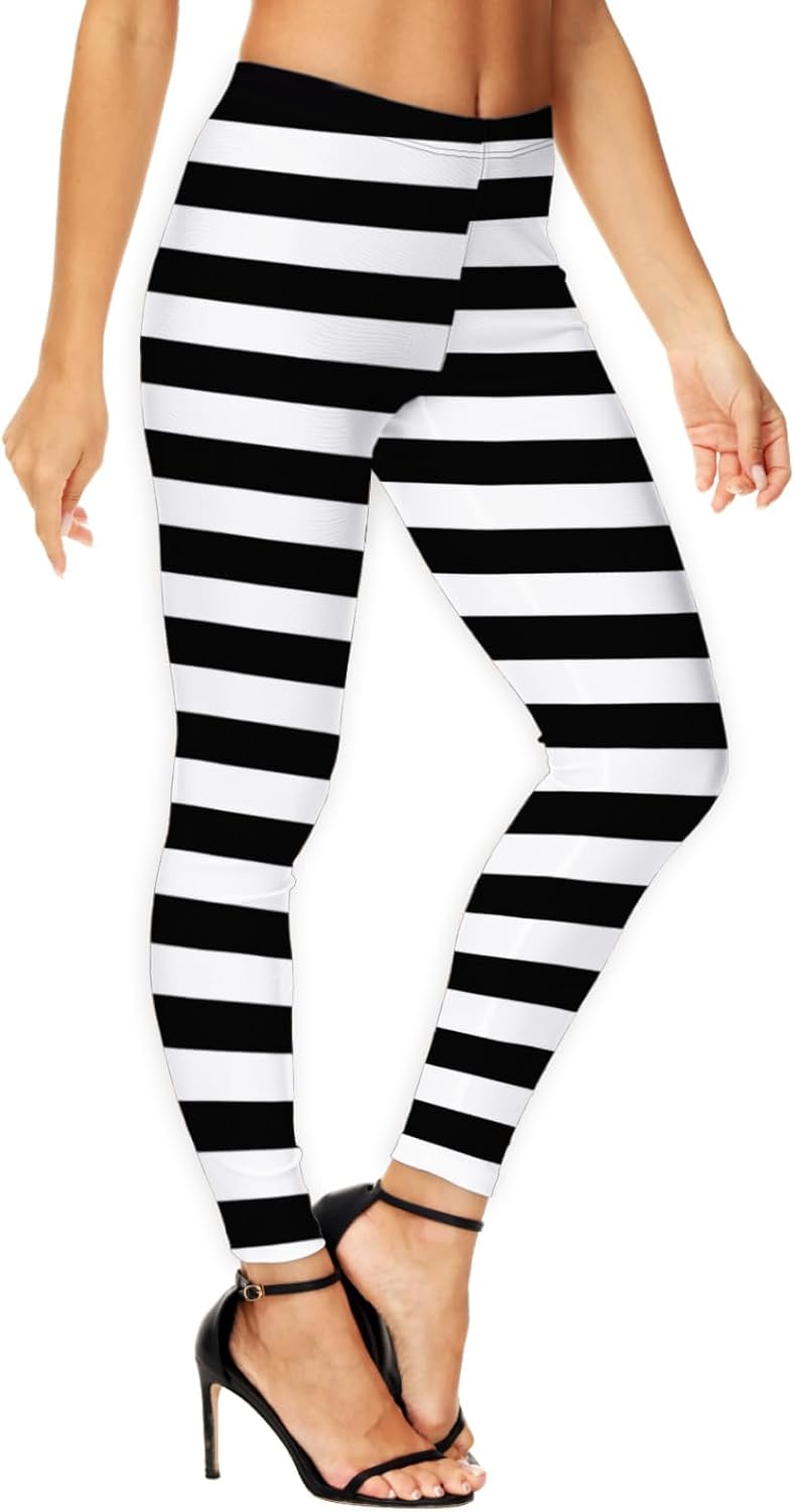 Deerose Women Halloween Leggings Black White Striped Funny High Waist Footless Tight Pants XL