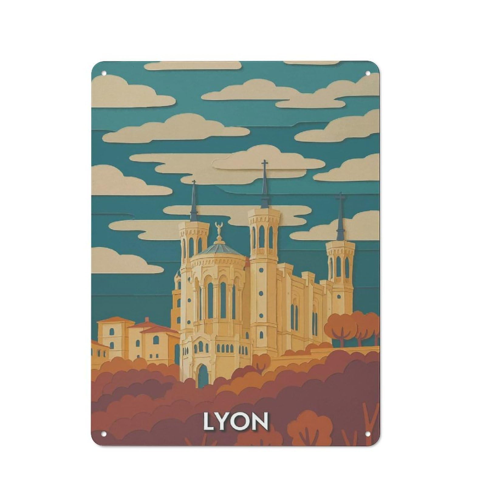 Junmoney Style-2 Lyon Cityscape Paper Cutout Style Tin Sign 40X30cm, Creative Studio Wall Plaque For Hobby Room, Office, Lounge Or Living Room