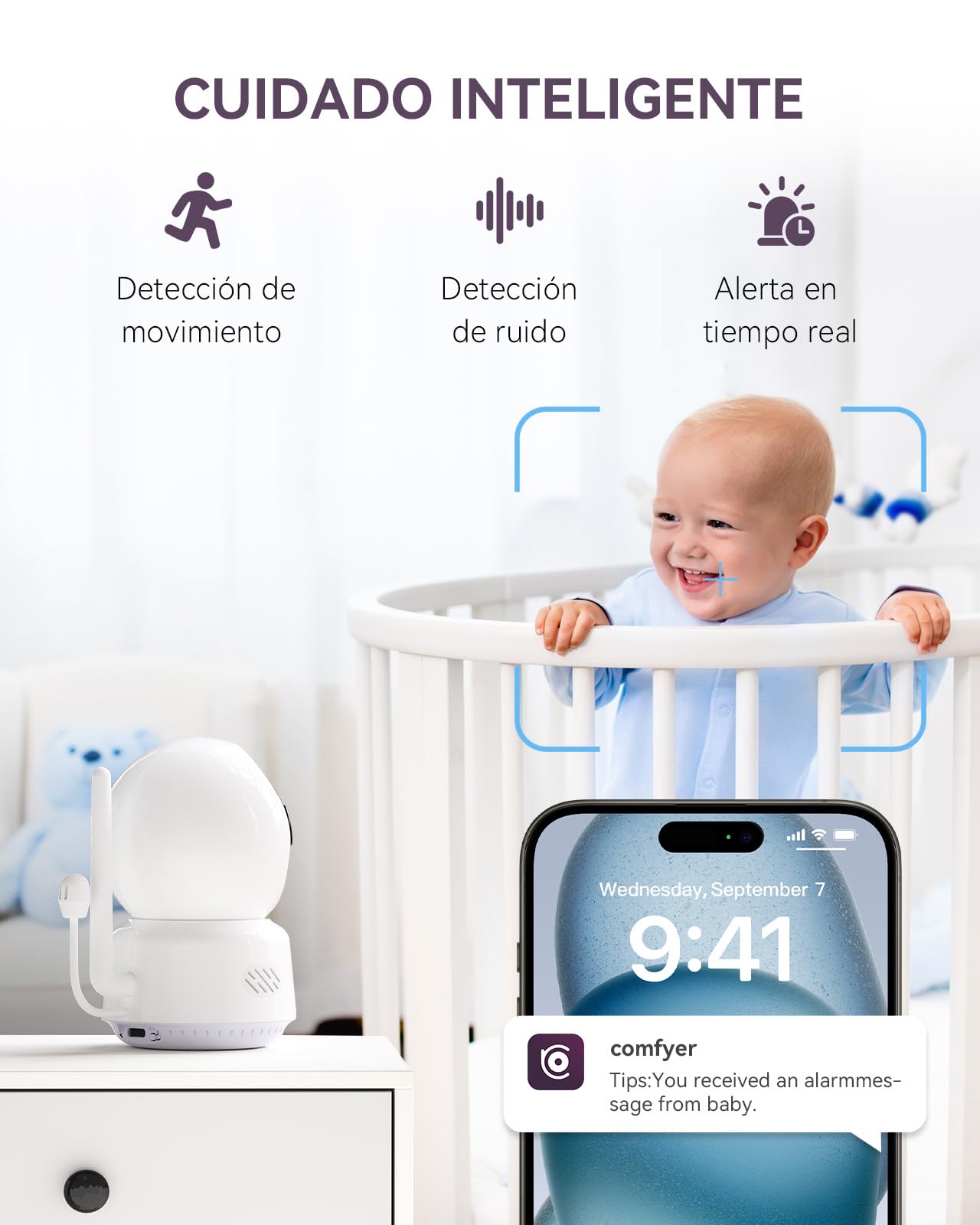 Comfyer BM02 Hybrid Video Smart WiFi Baby Monitor para bebé-5" 1080P Split Screen& 2K cámara App Control,Alerta Movimiento,Detección Sonido,Visión Nocturna HD,5050mAh batería, Triple Seguridad,500M