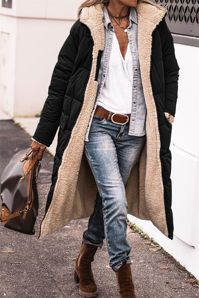 ORANDESIGNE Femme Chauds Manteaux d'hiver Réversible Sherpa Polaire Longues Vestes Bouffantes à Capuche Vêtements D'extérieur