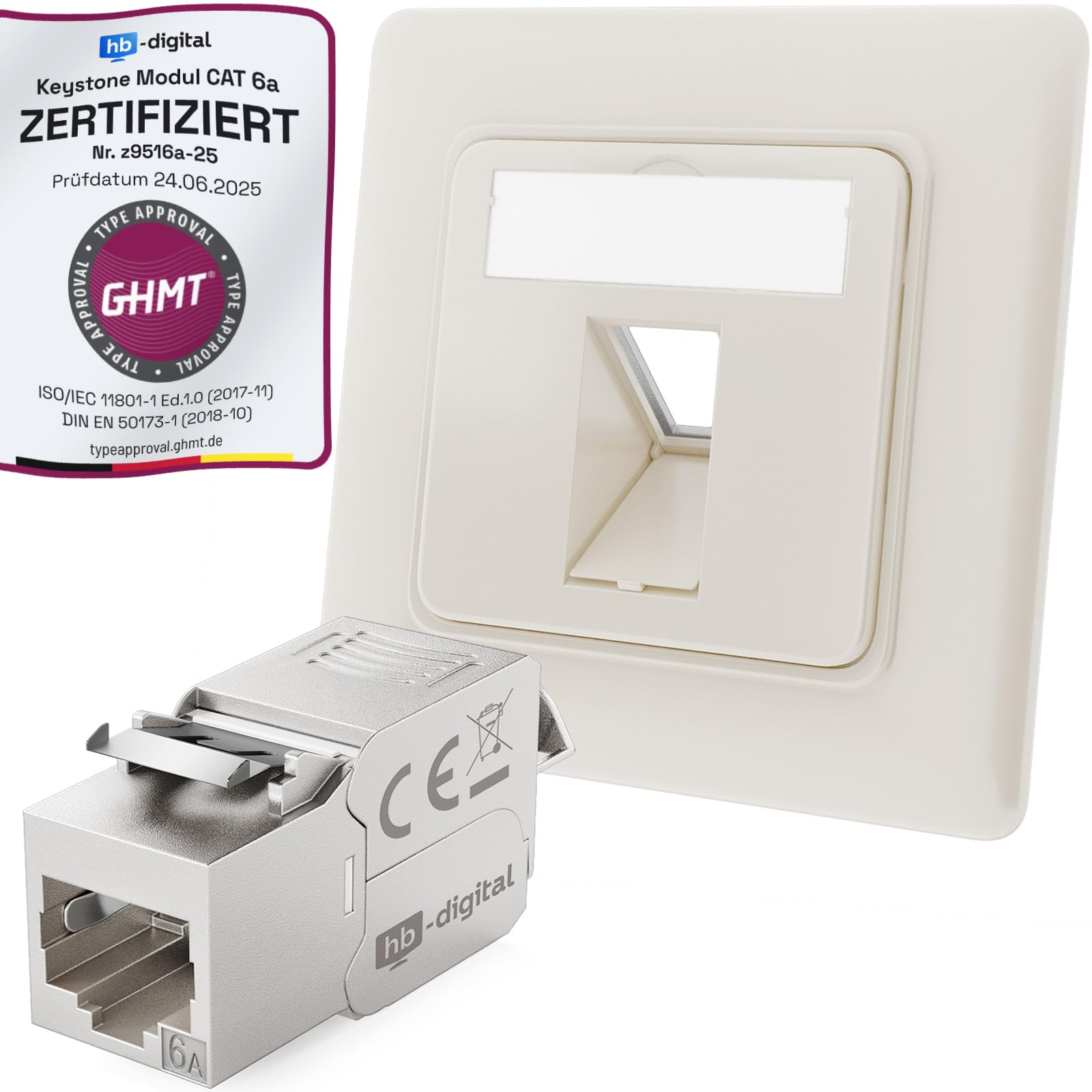 hb-digital CAT 6a Netzwerkdose unterputz 1-Port RAL9010 reinweiß + 1x CAT 6a Keystone RJ45 Modul LAN Ethernet Keystone Dose Buchse Einbaubuchse für CAT 5e CAT 6 CAT 6a 500MHz 10 Gbit/s STP