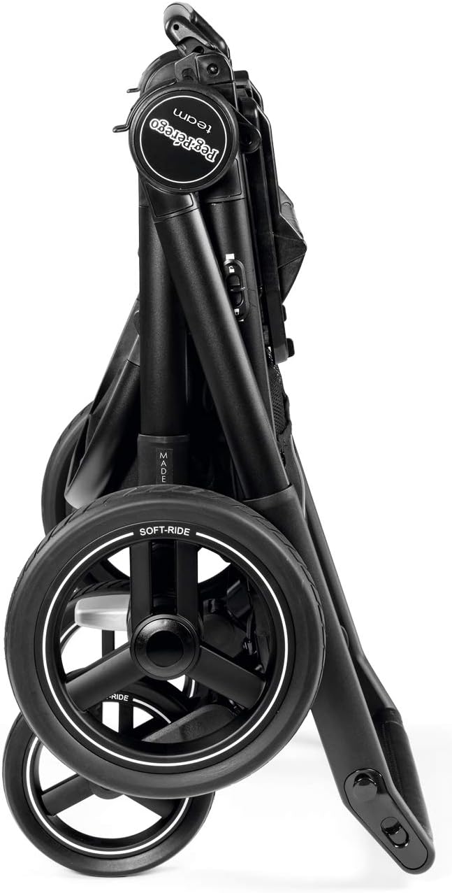 Peg-Pérego Chassis in a compact, folded position, viewed from the side. The wheels are tucked in, and the frame is collapsed for storage or transport.