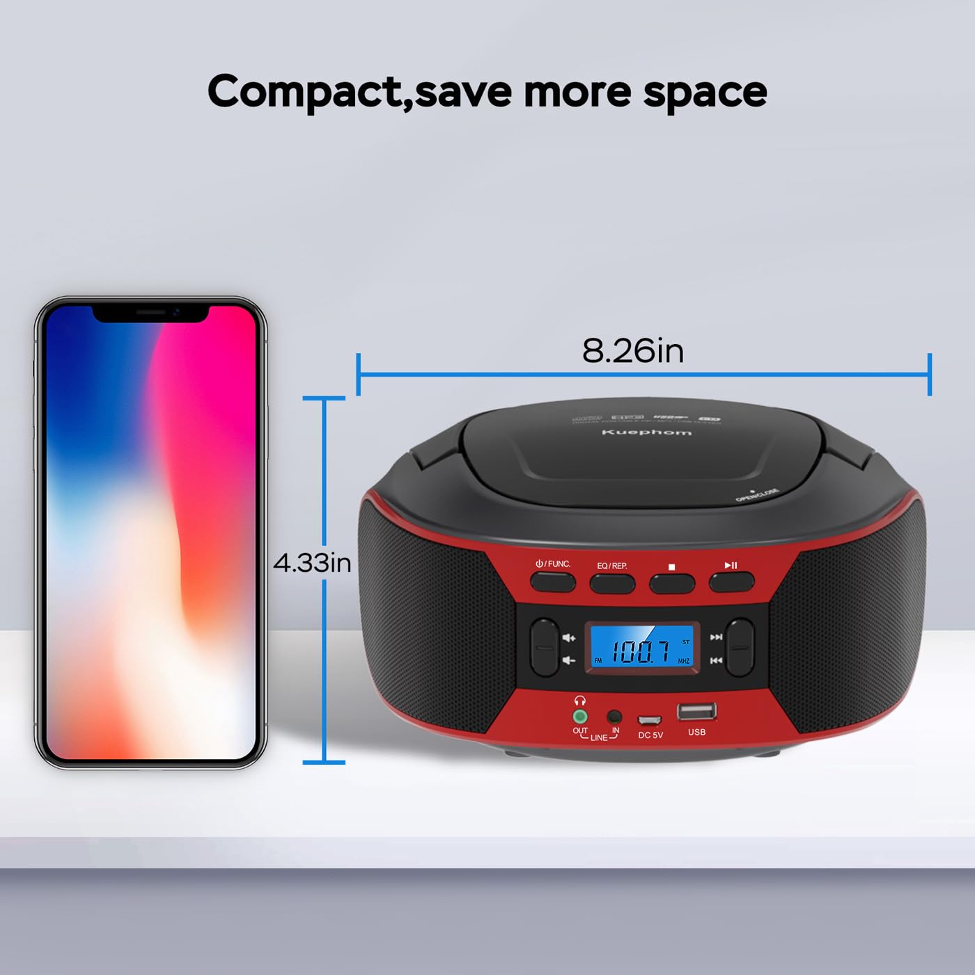 Lettore CD portatile Boombox con Bluetooth, AUX, USB, radio FM, jack per cuffie, uso domestico e esterno, alimentazione a batteria