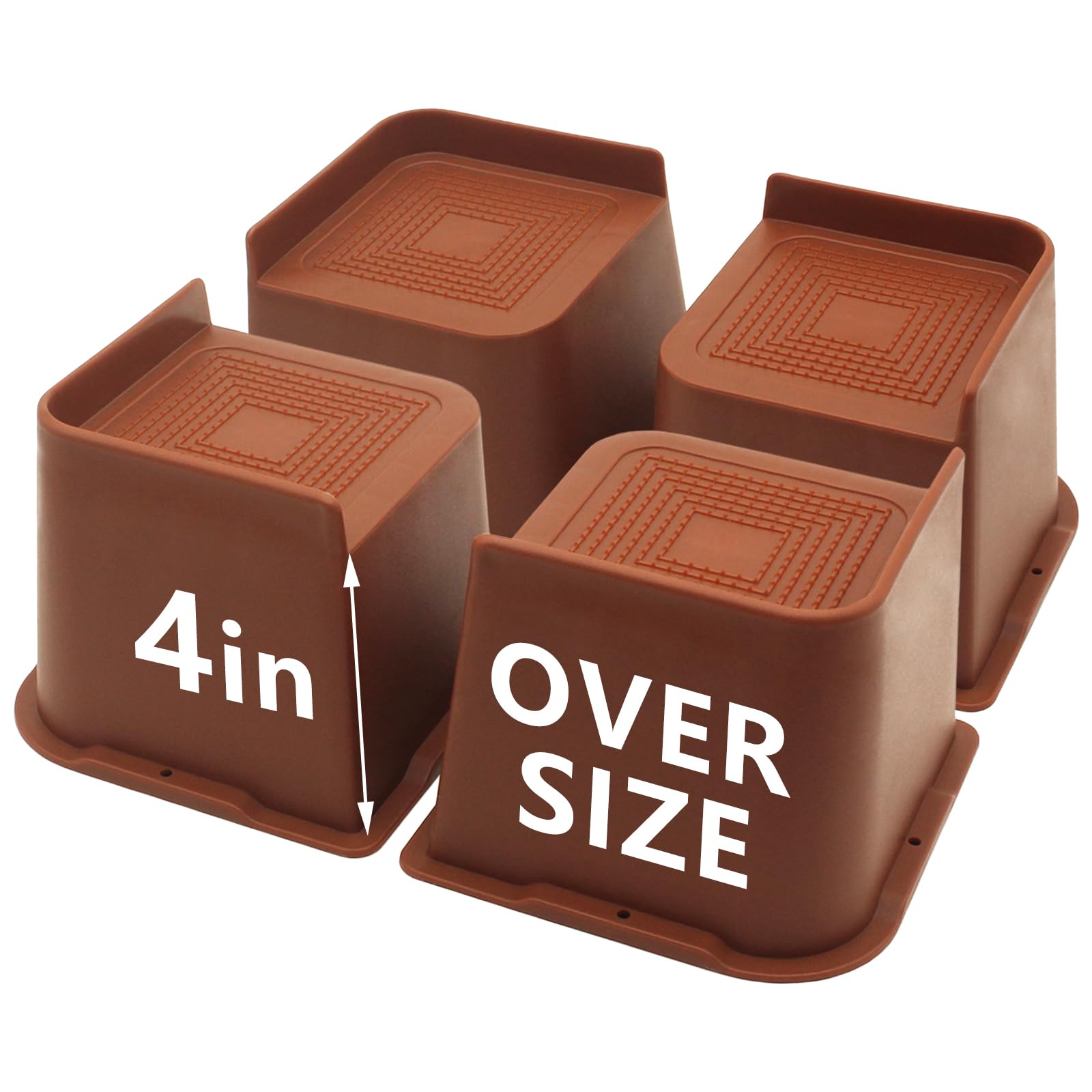 HANIHUA 4 Pack Brown Bed Risers 4 inch Heavy Duty, Oversized Furniture Risers, Bed Lifts Risers for Table, Sofa, Chair, Couch, Desk, Bed Frame Risers