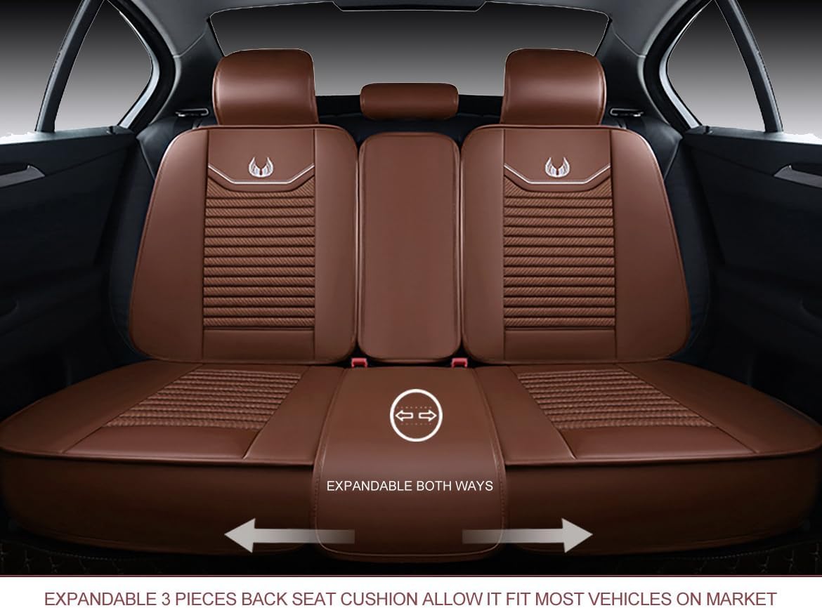 OASIS AUTO Car Seat Covers Premium Waterproof Faux Leather Cushion Universal Accessories Fit SUV Truck Sedan Automotive Vehicle Auto Interior Protector Full Set (OS-008 Brown)