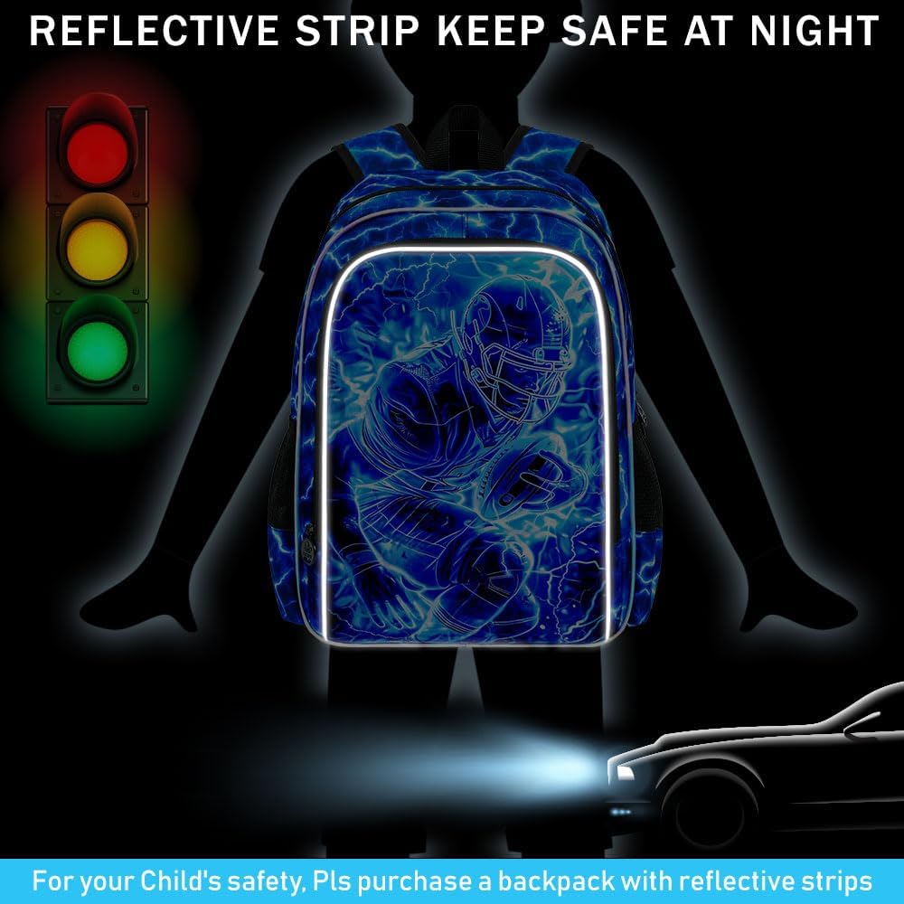 3Pcs Football Backpack for Boy, 17" Lightning Bookbag for Elementary Preschool Kindergarten, Kids School Backpacks with Lunch Box (Blue)