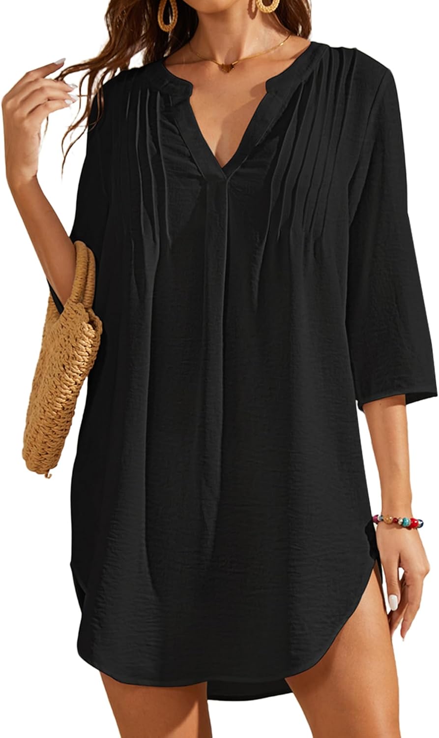 Bsubseach Swimsuit Coverup for Women V-Neck Bathing Suit Cover Up Summer Causal Short Sleeve Beach Dress