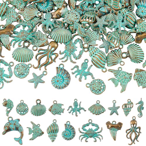 PH PandaHall Juego de 16 dijes de océano – Bronce antiguo y turquesa con peces vintage para hacer joyas, collares, pulseras, aretes
