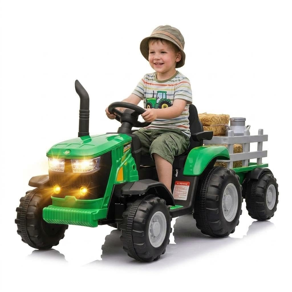 Elektrischer Traktor für Kinder, Grün, Traktor für Kinder, elektrisch, mit abnehmbarem Anhänger, Doppelmotor 35 W, 12 V, 7 Ah, Fernbedienung für Eltern, Musik, LED-Hupe, Traktor, Spielzeug
