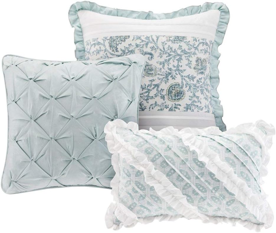 D&H 9 Piece Periwinkle Blue Green Paisley Comforter Queen Set, Blue White Shabby Chic Adult Bedding Master Bedroom Stylish Pintuck Ruffled Pattern Ruched Elegant Traditional Cotton Polyester