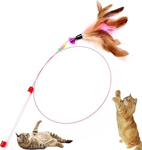 Ezranova Interactive Cat Toy Set, Durable Feather Wand Teaser with Bells on Flexible Steel Wires, for Indoor Play, Exercis...
