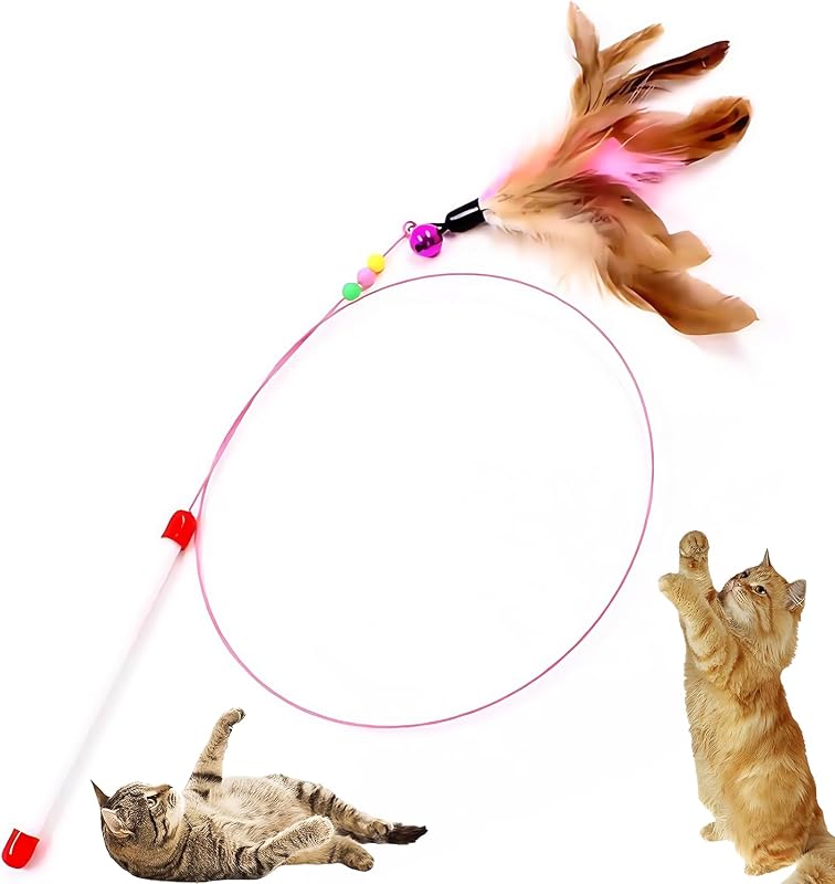 Ezranova Interactive Cat Toy Set, Durable Feather Wand Teaser with Bells on Flexible Steel Wires, for Indoor Play, Exercis...