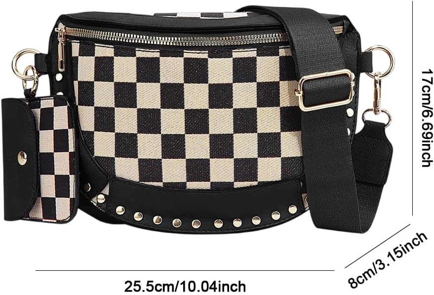 Fanny Bum Packs for Women,Canvas Checkered Crossbody Bag Checkered Purse Black and White Bum Bags Checkerboard Belt Bag - Image 2