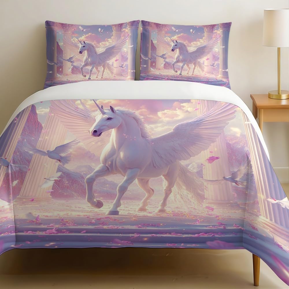 Linge de lit licorne rose 240x260 ensemble housse couette 3 pièces