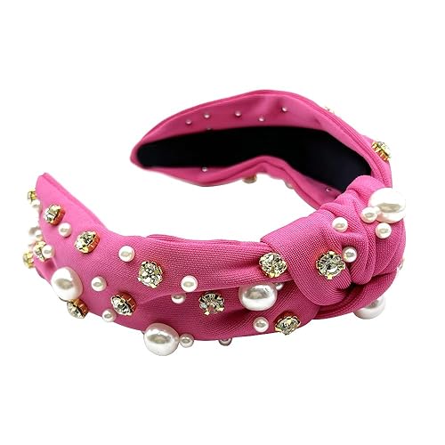 Diademas anudadas con perlas para mujer, color rosa intenso, diadema ancha con diamantes de imitación, diadema con joyas, turbante, accesorios para