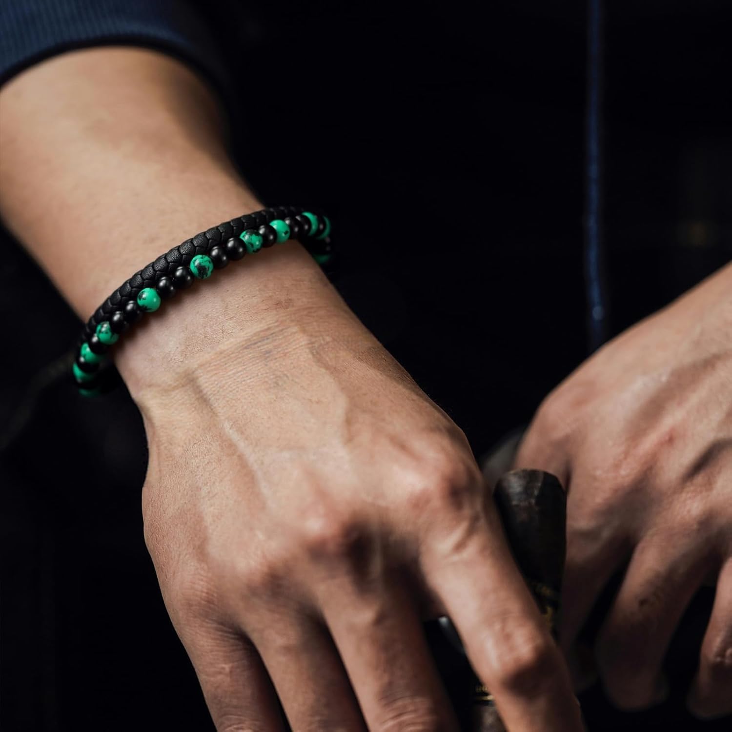 MYNENEY Stainless steel tiger eye stone cuff leather bracelet with bead, hand woven double-layer men's bracelet - Image 2