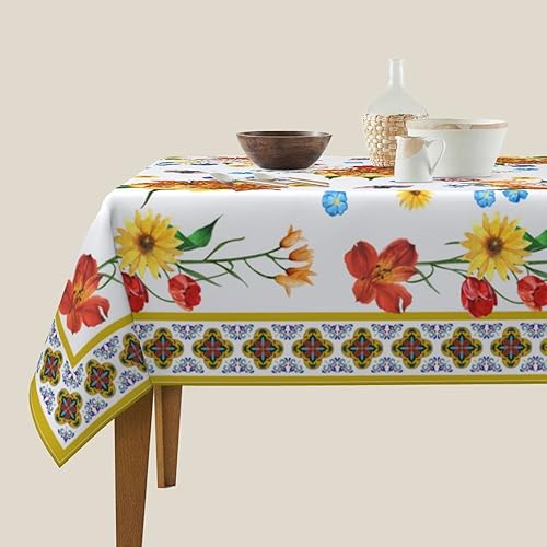 Miniatura 3 de Mantel moderno bohemio floral cuadrado de 60 pulgadas, flores azules, amarillas, rojas, lavables, resistentes a las arrugas, mantel de poliéster