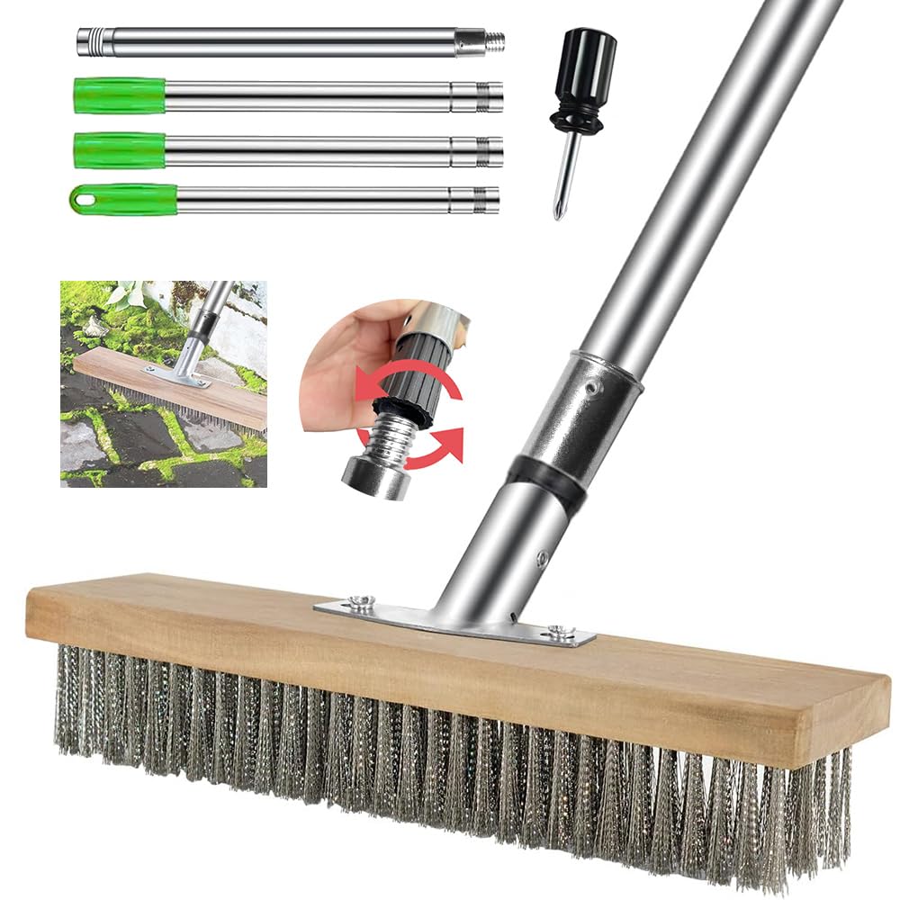 Escoba de Alambre con Mango 170cm,Cepillo de Alambre para Escoba 30 cm,Escoba Metálica de Jardin,Escoba de Metal,para Eliminar de Musgo,Escoba De Exterior para Patio,Terraza,Jardín