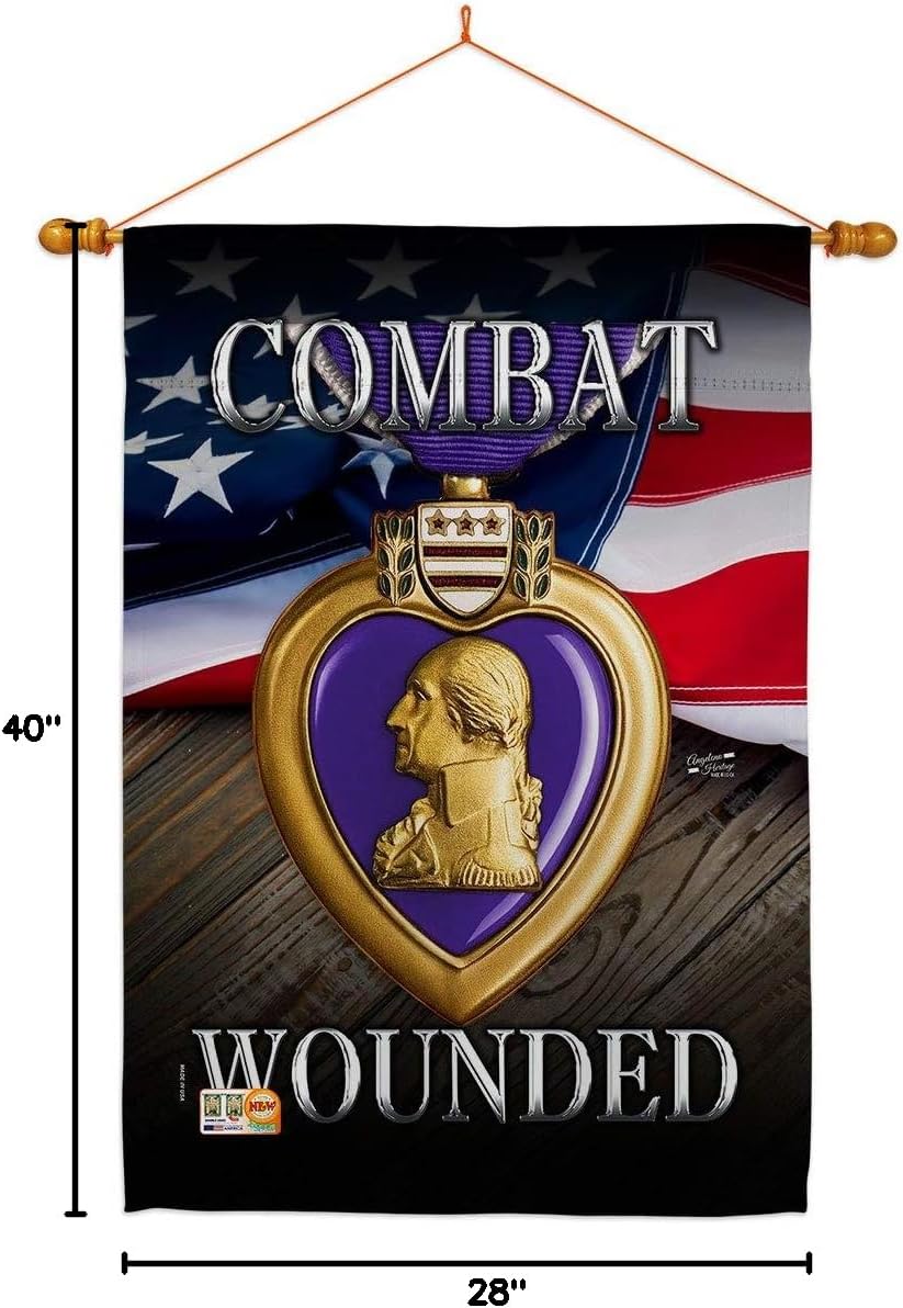 Purple Heart Combat Wounded House Flag Dowel Set Armed Forces Military Service All Branches Support Honor United State American Veteran Official Small Gift Yard Banner 28 X 40